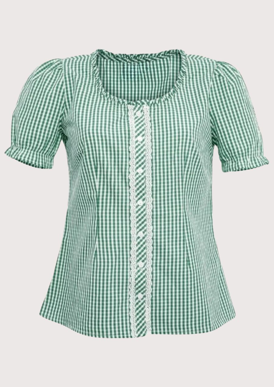 Green cotton Dirndl lace blouse for women, premium cotton Bavarian blouse, Oktoberfest women's top, lace trim Alpine blouse, traditional German Trachten clothing.