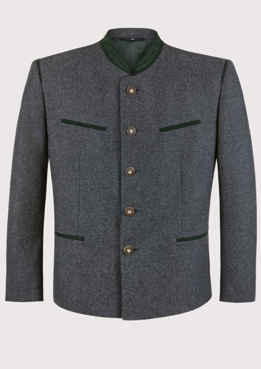 Men's Green Piped Trachten Coat Grey with green stand collar, premium wool blend fabric, Bavarian traditional jacket, Alpine formalwear, Oktoberfest clothing, German heritage fashion, horn-style buttons, and classic Austrian menswear