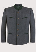 Men's Green Piped Trachten Coat Grey with green stand collar, premium wool blend fabric, Bavarian traditional jacket, Alpine formalwear, Oktoberfest clothing, German heritage fashion, horn-style buttons, and classic Austrian menswear