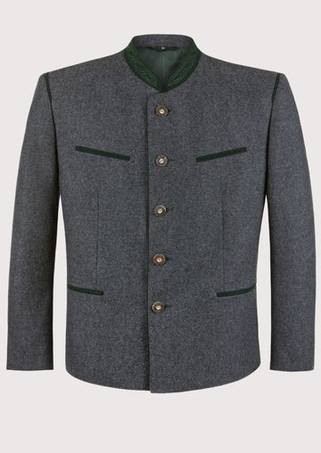 Men's Green Piped Trachten Coat Grey with green stand collar, premium wool blend fabric, Bavarian traditional jacket, Alpine formalwear, Oktoberfest clothing, German heritage fashion, horn-style buttons, and classic Austrian menswear