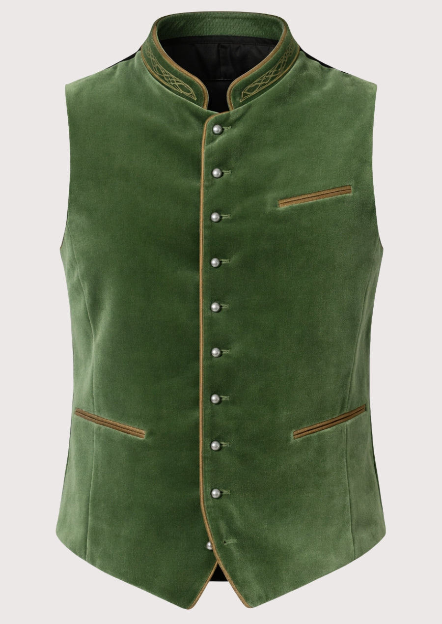 Green velvet Bavarian vest with traditional metal buttons