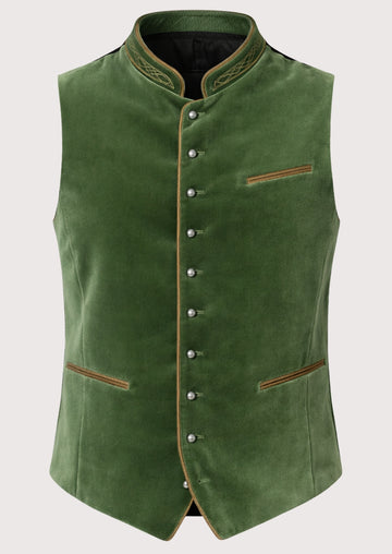 Green velvet Bavarian vest with traditional metal buttons
