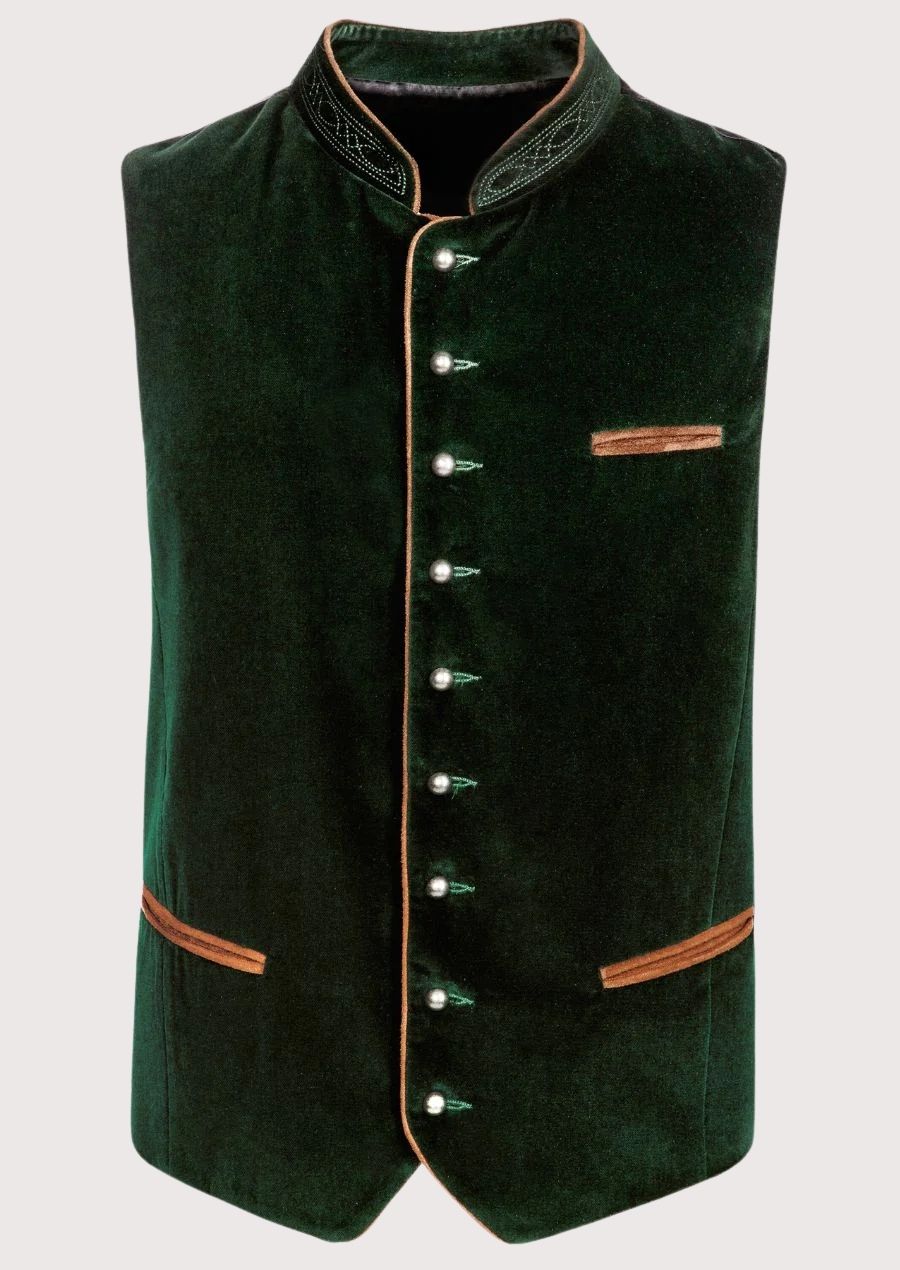Green velvet Bavarian vest with silver buttons and tan trim