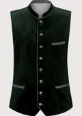 Green Velvet Bavarian Waistcoat Men, Bavarian waistcoat with stand collar, traditional German Oktoberfest vest, Alpine heritage clothing, authentic Trachten menswear, premium Tyrolean vest.