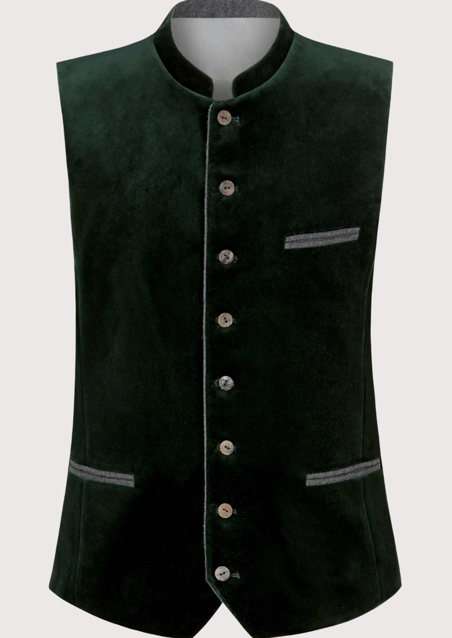 Green Velvet Bavarian Waistcoat Men, Bavarian waistcoat with stand collar, traditional German Oktoberfest vest, Alpine heritage clothing, authentic Trachten menswear, premium Tyrolean vest.