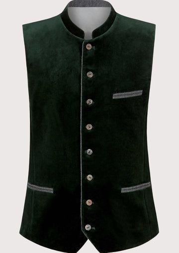 Green Velvet Bavarian Waistcoat Men, Bavarian waistcoat with stand collar, traditional German Oktoberfest vest, Alpine heritage clothing, authentic Trachten menswear, premium Tyrolean vest.