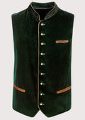 green velvet Trachten vest for men with embroidered stand collar, Bavarian waistcoat, Oktoberfest vest, German traditional vest, Alpine heritage menswear.