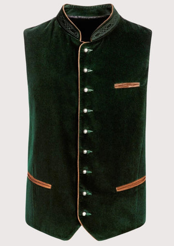 green velvet Trachten vest for men with embroidered stand collar, Bavarian waistcoat, Oktoberfest vest, German traditional vest, Alpine heritage menswear.