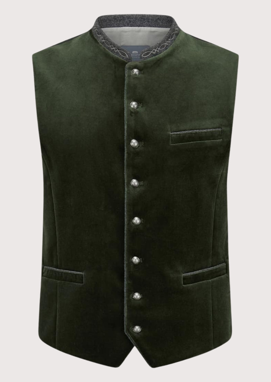 Green Velvet Trachten Vest Men for men with embroidered stand collar, silver buttons, premium Bavarian waistcoat, Oktoberfest clothing, traditional German fashion.