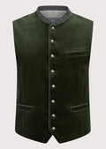 Green Velvet Trachten Vest Men for men with embroidered stand collar, silver buttons, premium Bavarian waistcoat, Oktoberfest clothing, traditional German fashion.