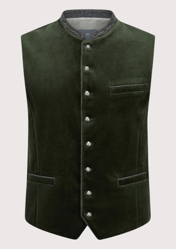 Green Velvet Trachten Vest Men for men with embroidered stand collar, silver buttons, premium Bavarian waistcoat, Oktoberfest clothing, traditional German fashion.