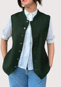 Woman wearing dark green traditional buttoned vest.
