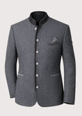Men's Grey Alpine Jacket Contrast Collar with stand collar, silver buttons, pocket square, Bavarian blazer, Alpine jacket, traditional German coat, Oktoberfest outfit, heritage menswear, formal Trachten fashion, and premium Alpine clothing