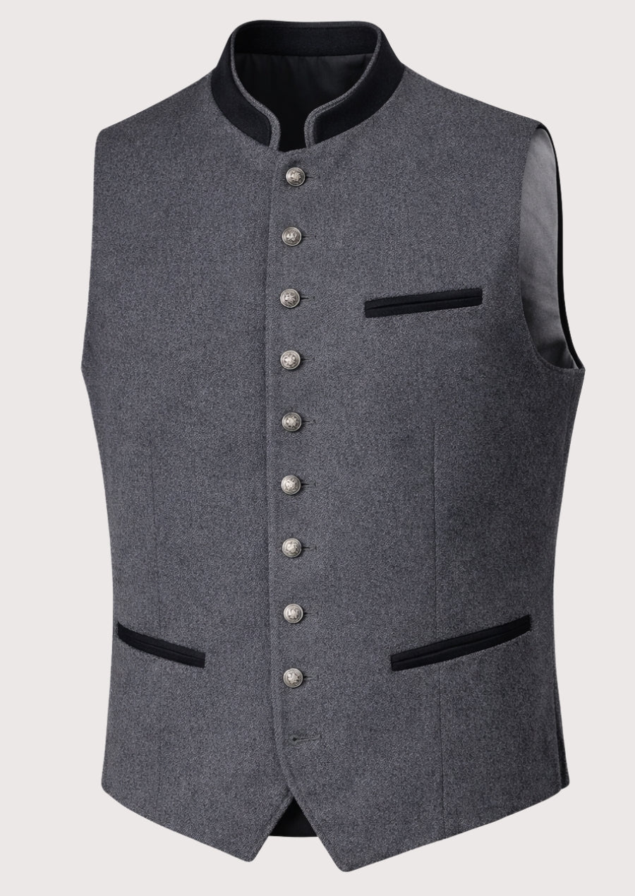 Grey alpine trachten vest featuring silver buttons and black trim