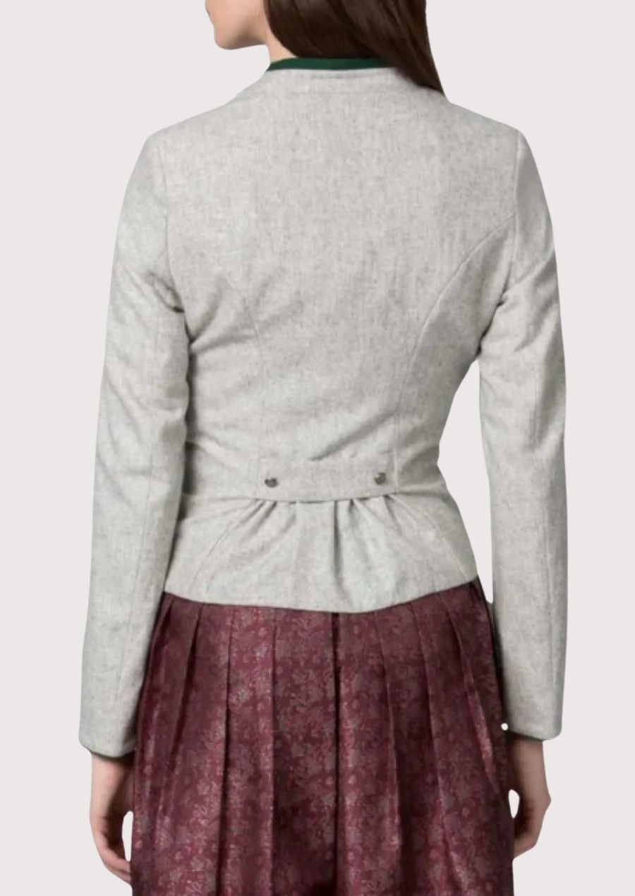 Light grey Bavarian jacket featuring premium wool, classic stand collar, green edging, and authentic Oktoberfest styling.