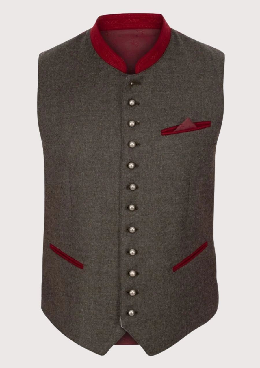 Grey Bavarian vest featuring red trim and silver buttons