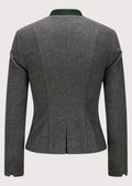 Grey women’s trachten jacket with green collar trim and classic alpine buttons.