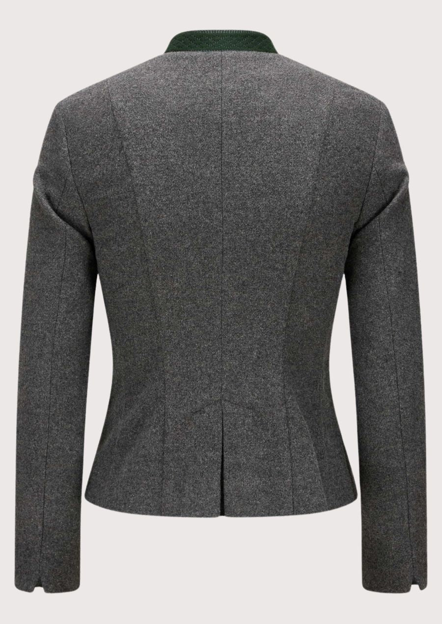 Grey women’s trachten jacket with green collar trim and classic alpine buttons.