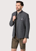 Front view of stylish grey Oktoberfest jacket paired with lederhosen