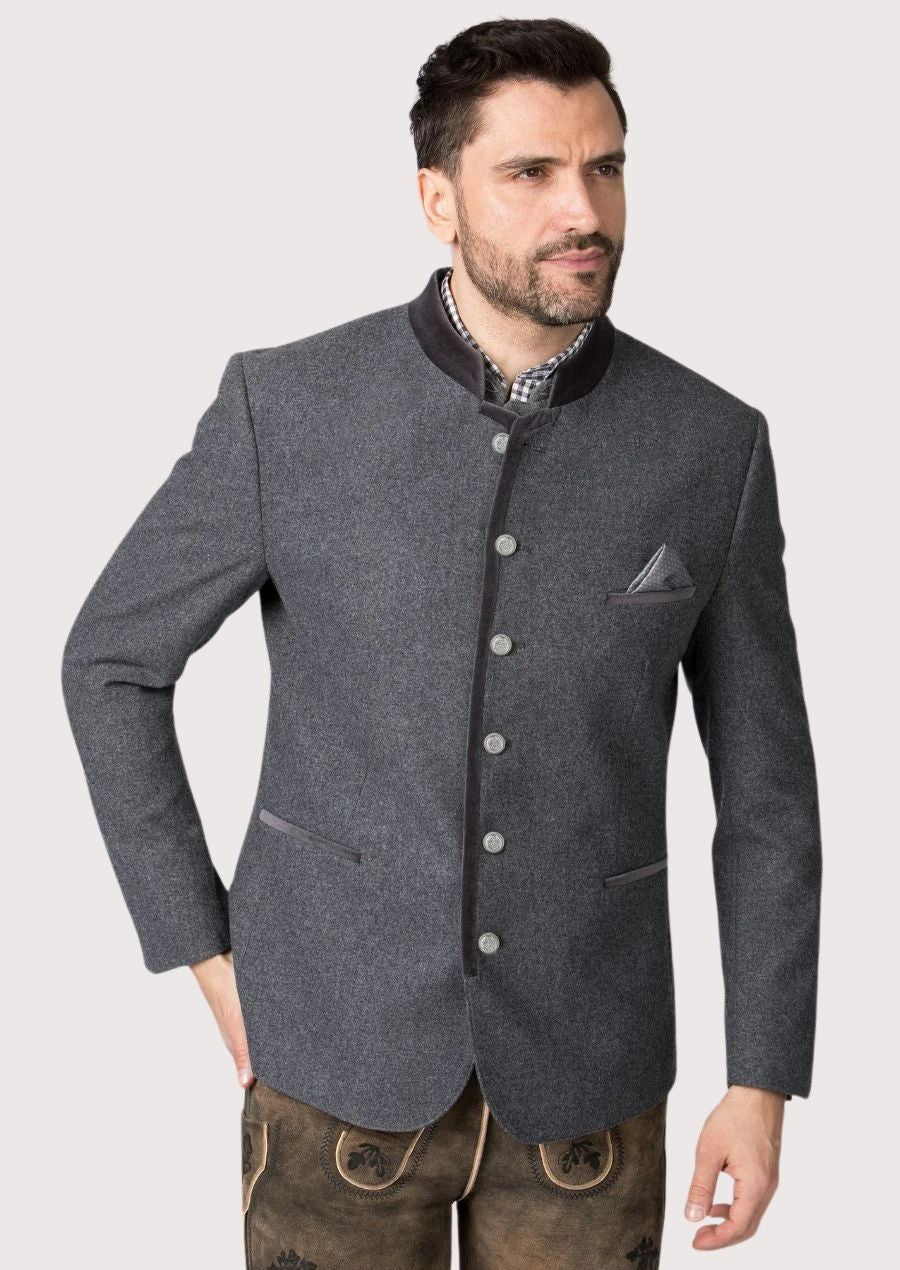 Man wearing a grey Trachten jacket with velvet collar and silver buttons.
