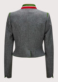 Grey women’s trachten jacket featuring green embroidered details and red collar accents.