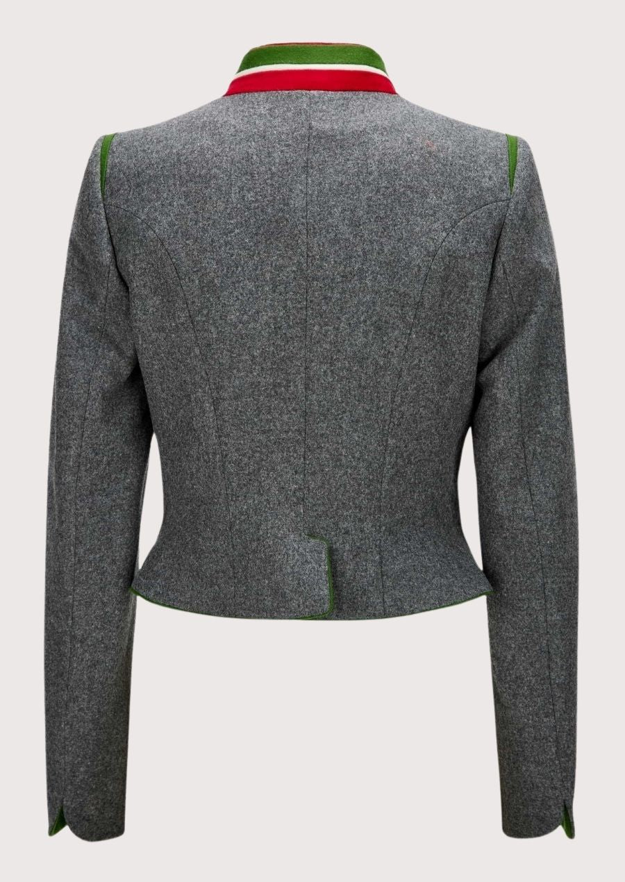 Grey women’s trachten jacket featuring green embroidered details and red collar accents.