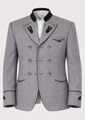 Grey Trachten jacket with green embroidery, double-breasted front, stand collar, and traditional alpine detailing.
