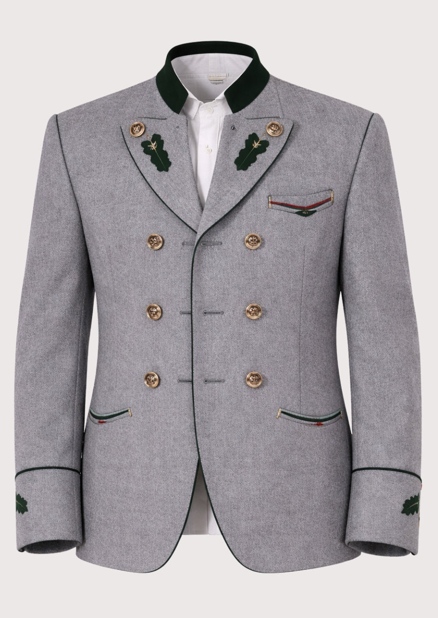 Grey Trachten jacket with green embroidery, double-breasted front, stand collar, and traditional alpine detailing.