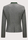 Grey women’s trachten jacket featuring green lapel trim and double-breasted buttons.