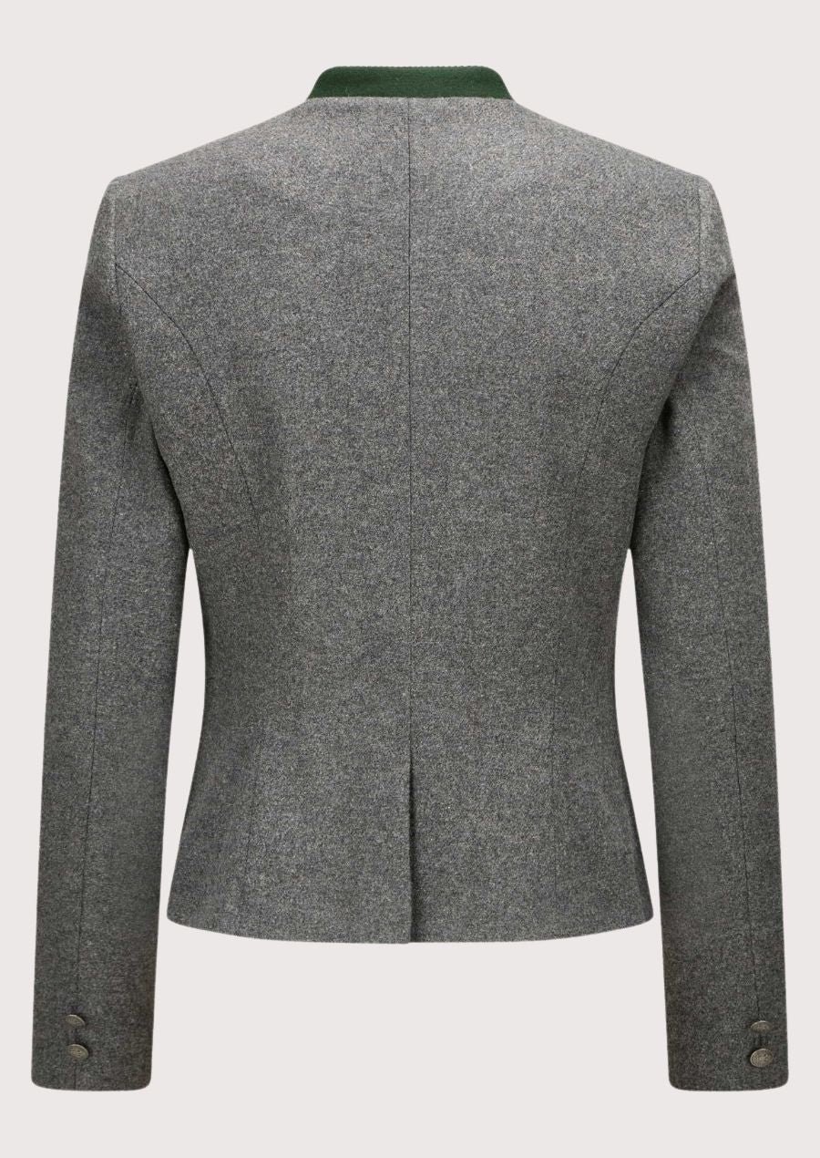 Grey women’s trachten jacket featuring green lapel trim and double-breasted buttons.