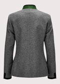Grey women’s trachten jacket with green collar trim and silver alpine buttons.