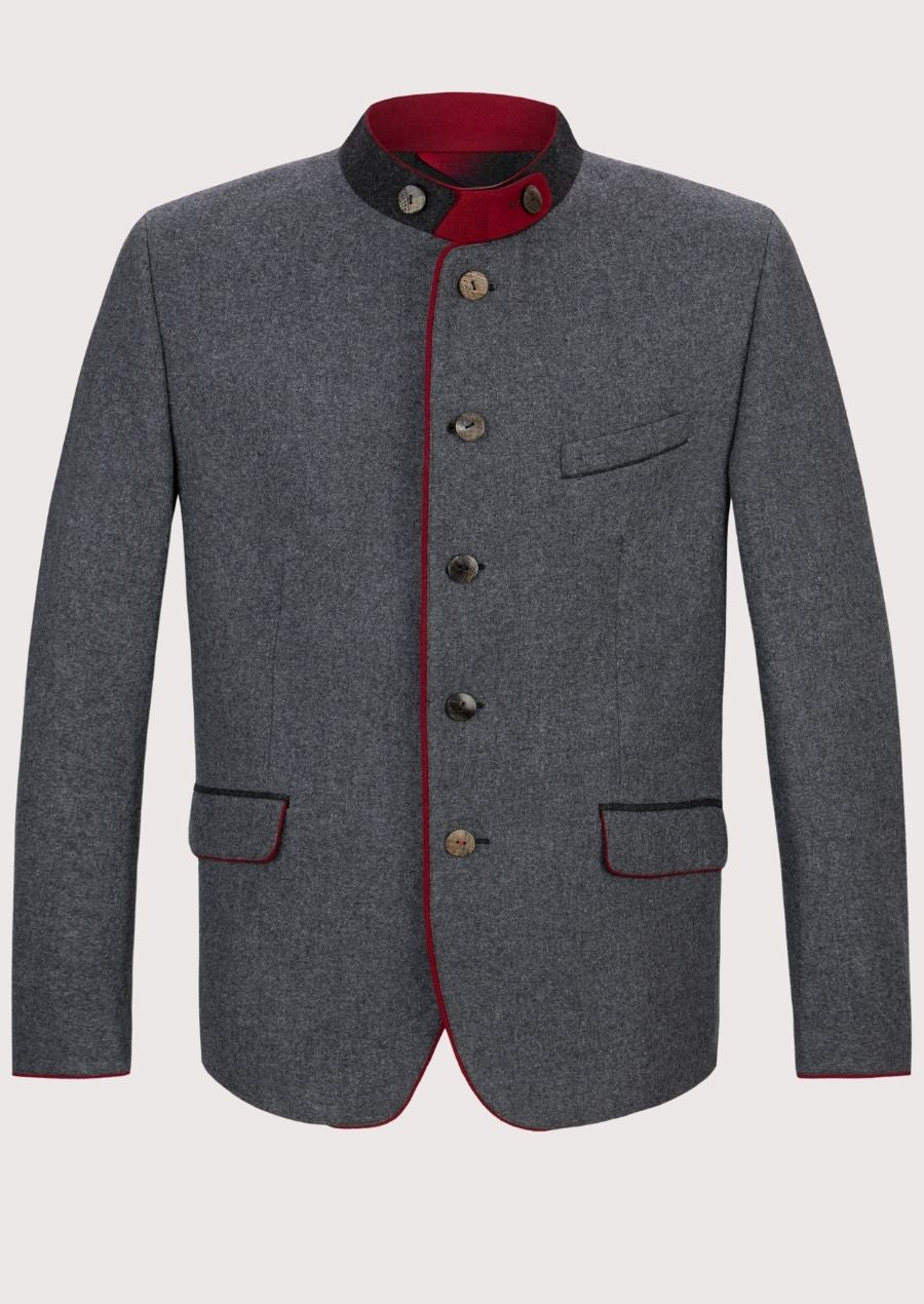 Grey men’s trachten jacket featuring red trim and metal buttons.