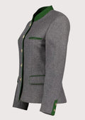Grey women’s alpine jacket with green trim and structured tailoring.