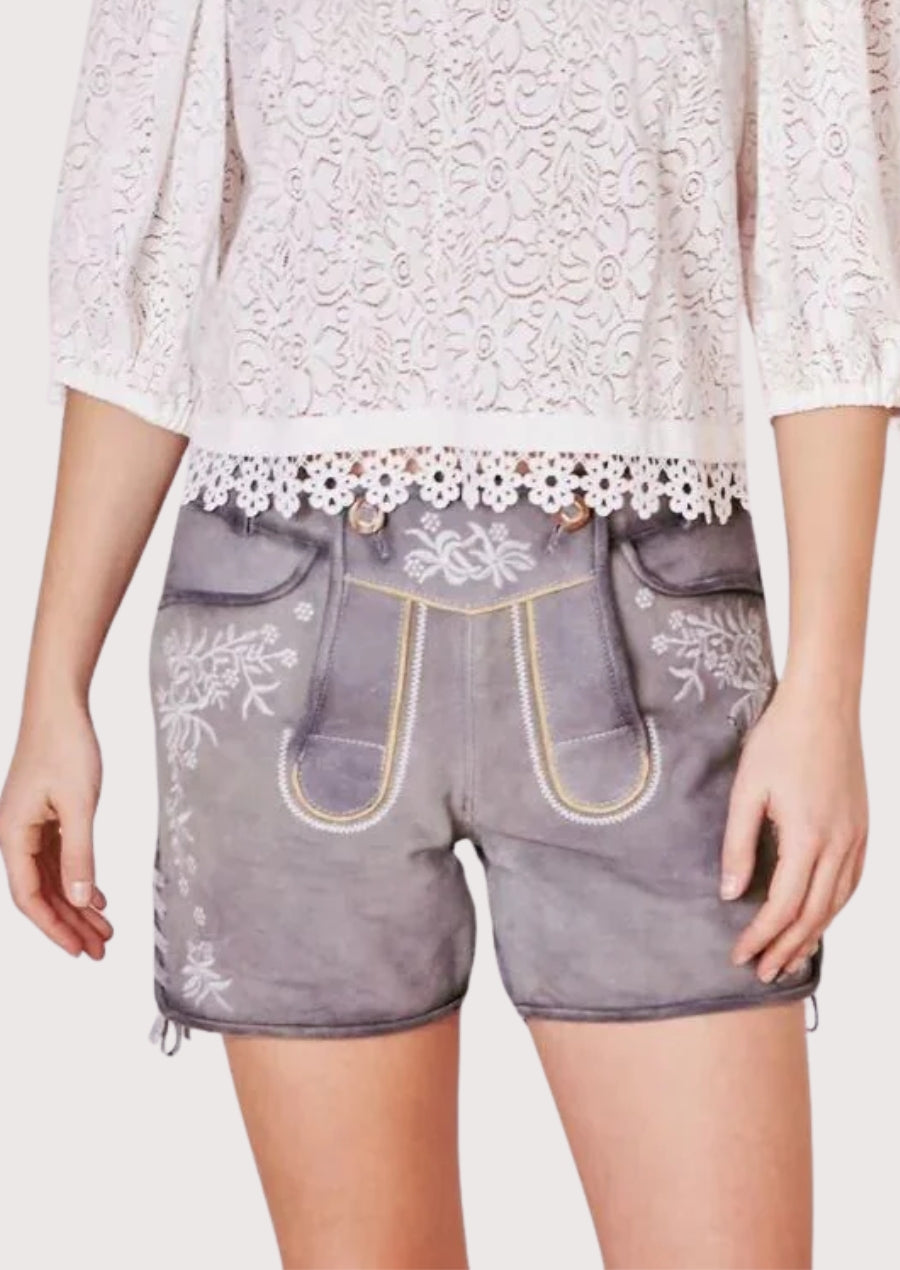 Grey traditional women’s Bundhosen shorts with floral alpine embroidery
