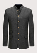 Men's Grey Wool Trachten Jacket Back Belt with stand collar, horn-style buttons, Bavarian blazer, traditional German jacket, Alpine formalwear, Oktoberfest coat, premium heritage menswear, tailored Trachten fashion, and authentic Bavarian clothing