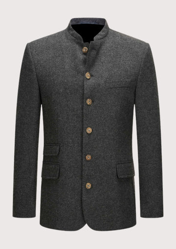 Men's Grey Wool Trachten Jacket Back Belt with stand collar, horn-style buttons, Bavarian blazer, traditional German jacket, Alpine formalwear, Oktoberfest coat, premium heritage menswear, tailored Trachten fashion, and authentic Bavarian clothing
