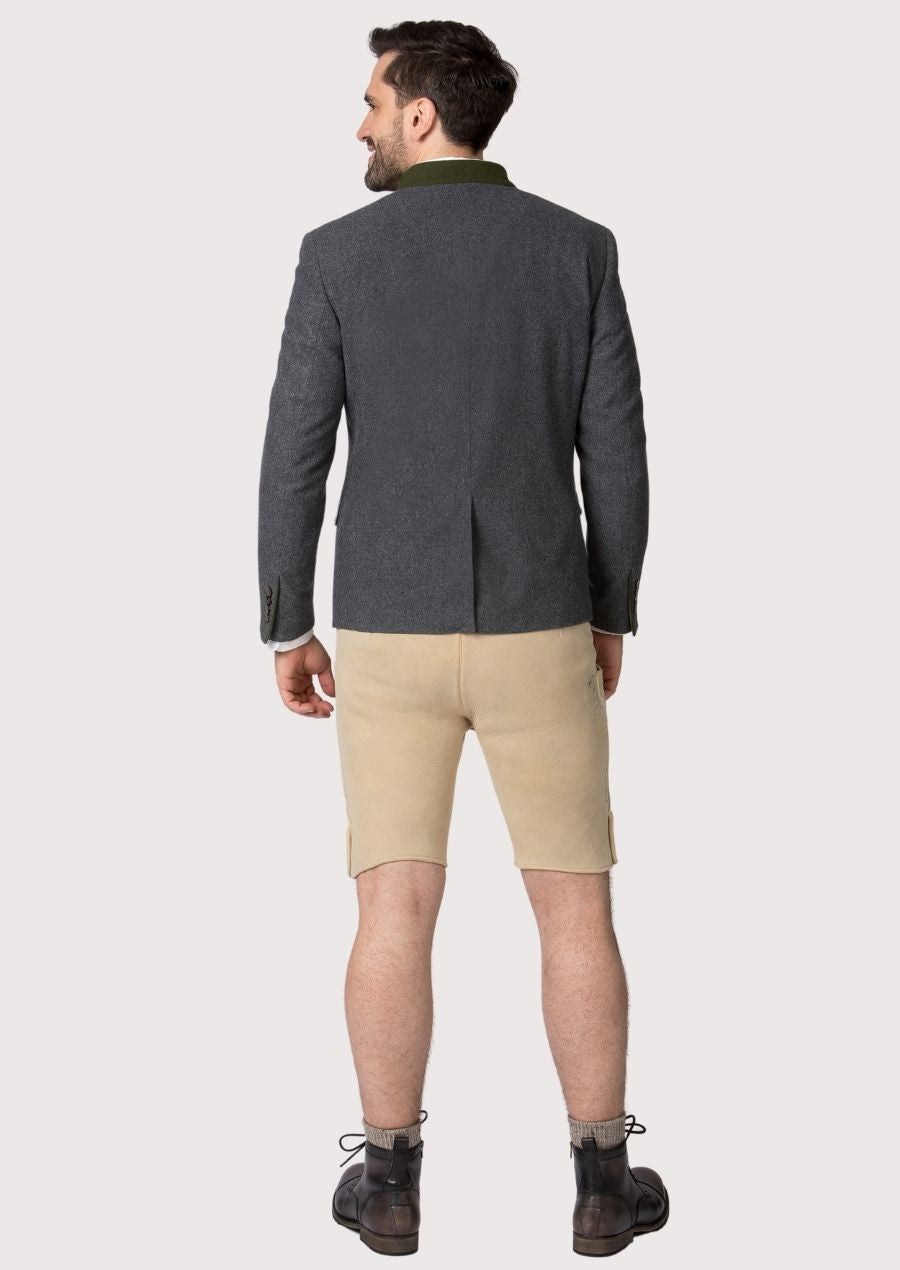 Grey wool trachten jacket featuring a green stand collar and buttons.