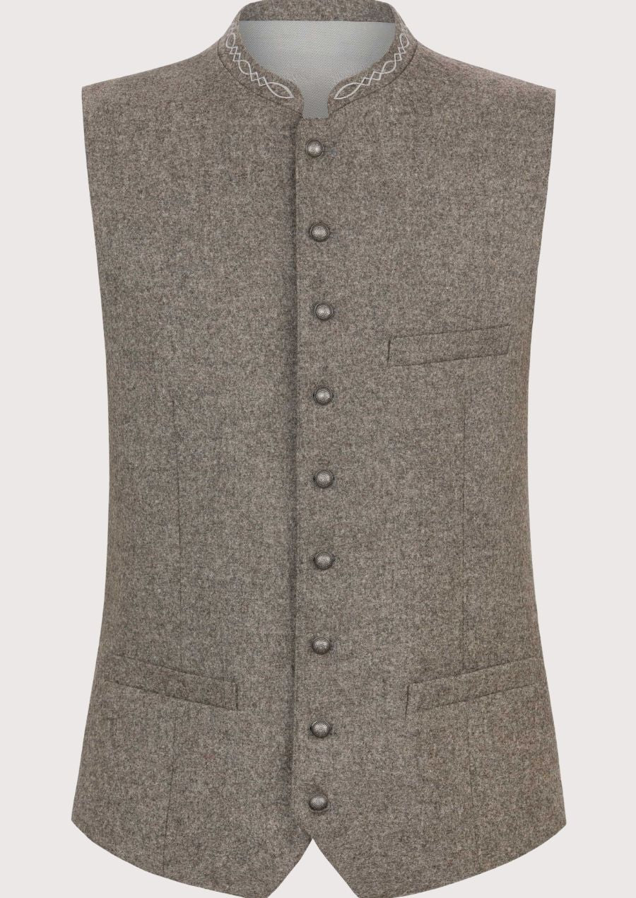 grey wool trachten vest for men with stand collar, Bavarian waistcoat, Oktoberfest vest, traditional German vest, Alpine heritage menswear, tailored festival clothing.