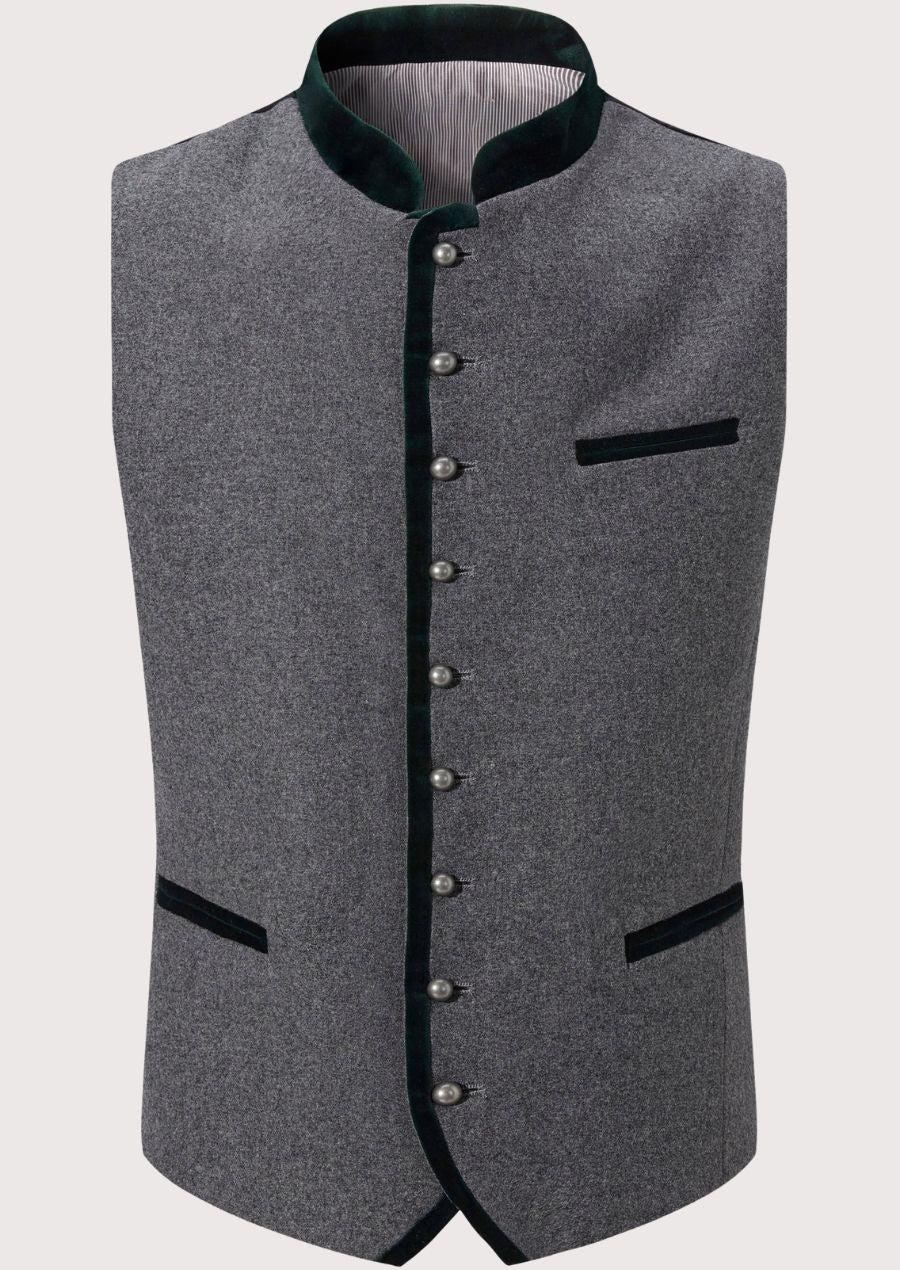 Grey Trachten vest for men with green stand collar, Bavarian wool waistcoat, traditional German Oktoberfest vest, Alpine heritage clothing, authentic Trachten menswear, premium Tyrolean vest.