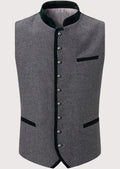 Grey Trachten vest for men with green stand collar, Bavarian wool waistcoat, traditional German Oktoberfest vest, Alpine heritage clothing, authentic Trachten menswear, premium Tyrolean vest.