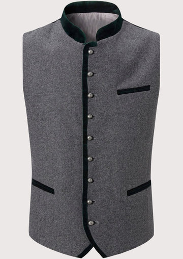 Grey Trachten vest for men with green stand collar, Bavarian wool waistcoat, traditional German Oktoberfest vest, Alpine heritage clothing, authentic Trachten menswear, premium Tyrolean vest.