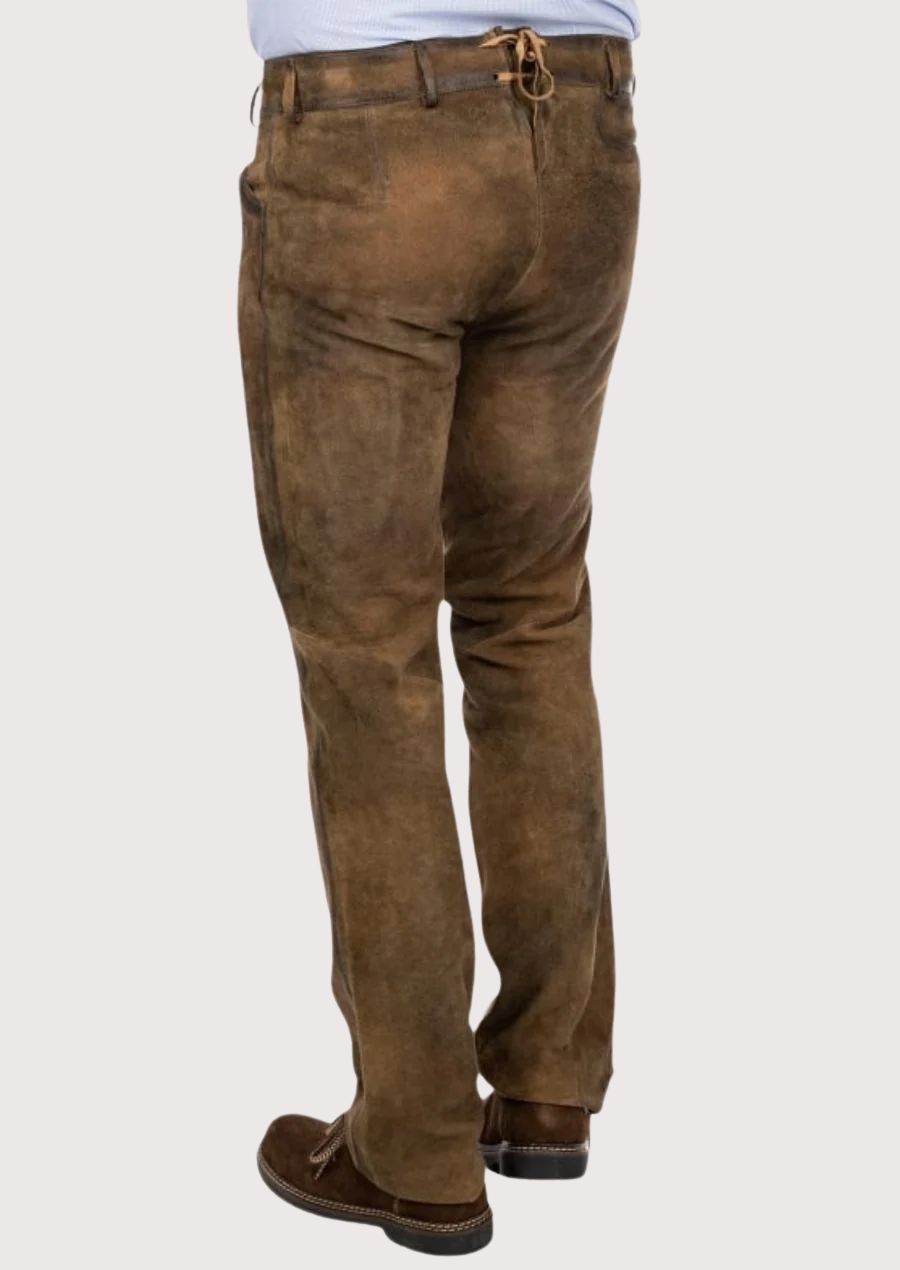 Handcrafted Bavarian leather pants in suede with vintage character, slim fit profile, and authentic craftsmanship