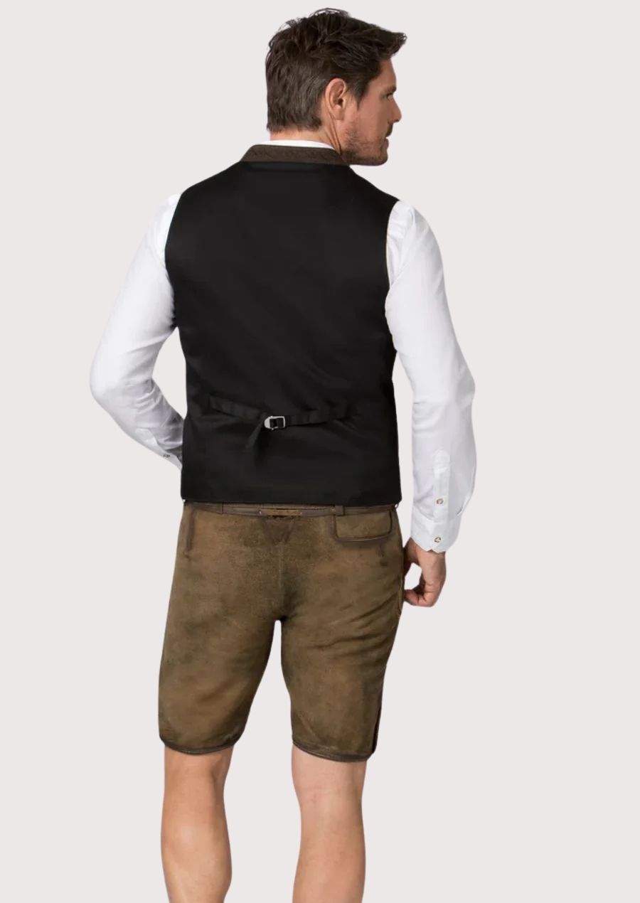 Traditional Bavarian vest in brown wool with wooden buttons, ideal for Oktoberfest, weddings, and cultural celebrations.

