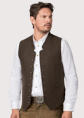 Elegant brown Bavarian wool vest with detailed embroidery and wooden buttons, perfect for cultural gatherings.

