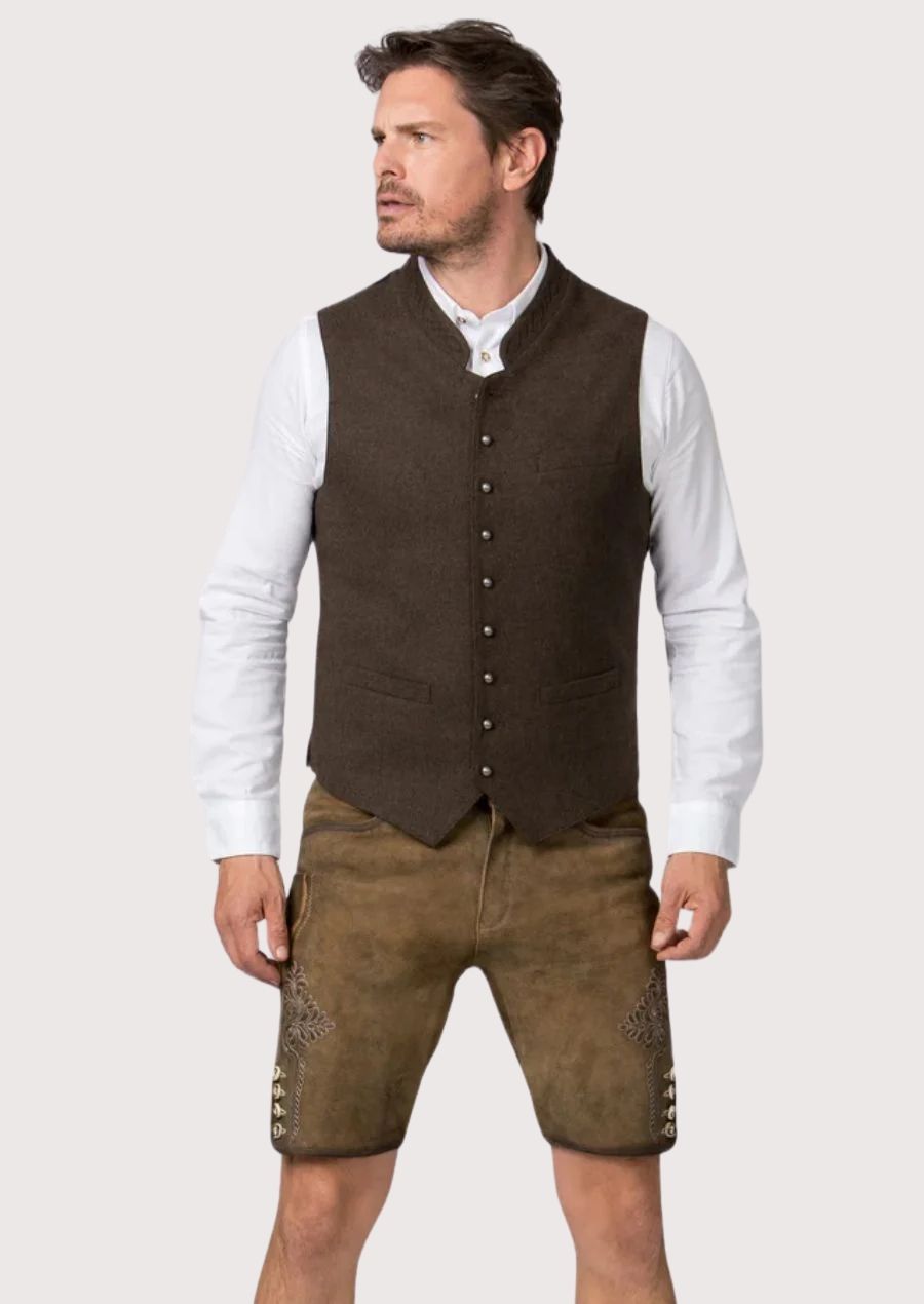 Handcrafted Bavarian vest in brown wool with wooden buttons, perfect for Oktoberfest and traditional events.

