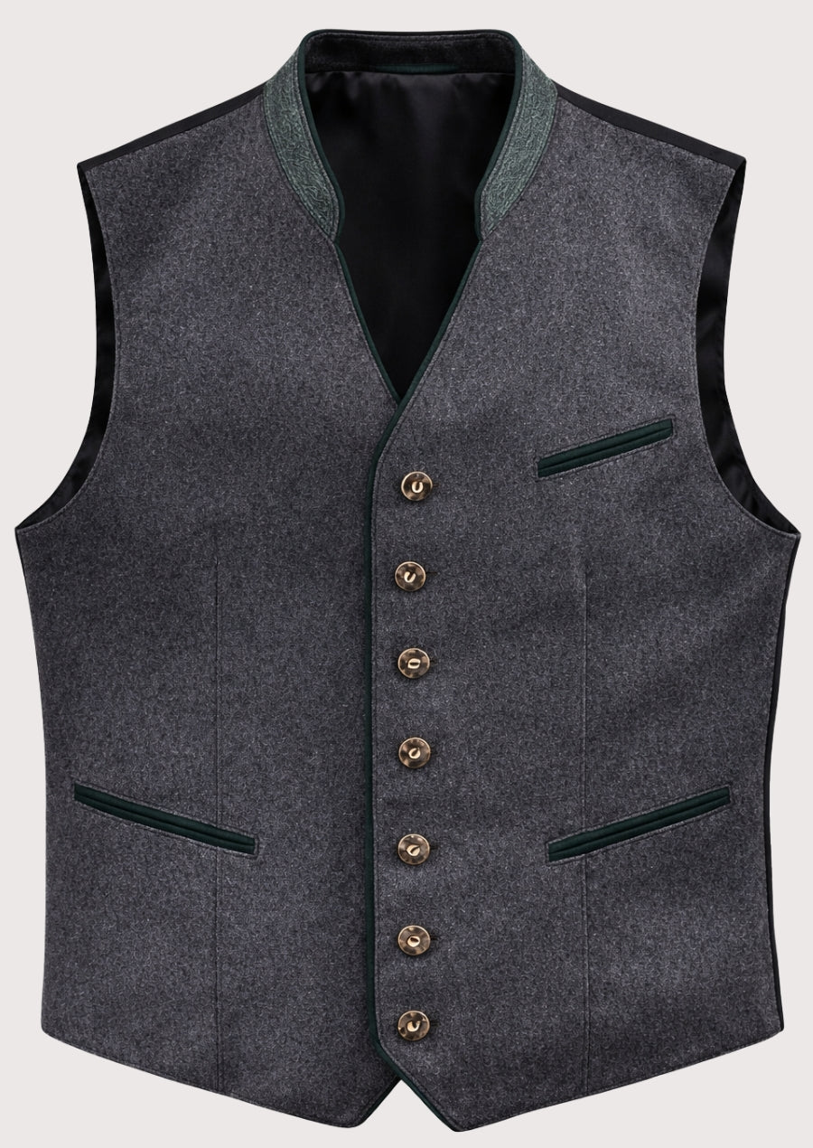 Heather Gray Trachten Wool Vest for men with green trim, silver buttons, stand collar, Bavarian waistcoat, Oktoberfest clothing, traditional German Alpine fashion.