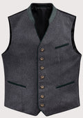 Heather Gray Trachten Wool Vest for men with green trim, silver buttons, stand collar, Bavarian waistcoat, Oktoberfest clothing, traditional German Alpine fashion.