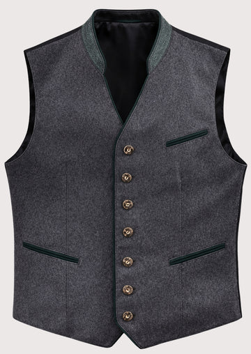 Heather Gray Trachten Wool Vest for men with green trim, silver buttons, stand collar, Bavarian waistcoat, Oktoberfest clothing, traditional German Alpine fashion.