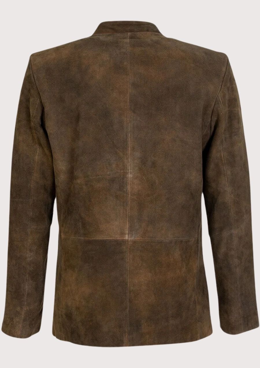Heritage-inspired brown suede Bavarian jacket with stand collar, tailored fit, front button fastening, and refined rustic texture.