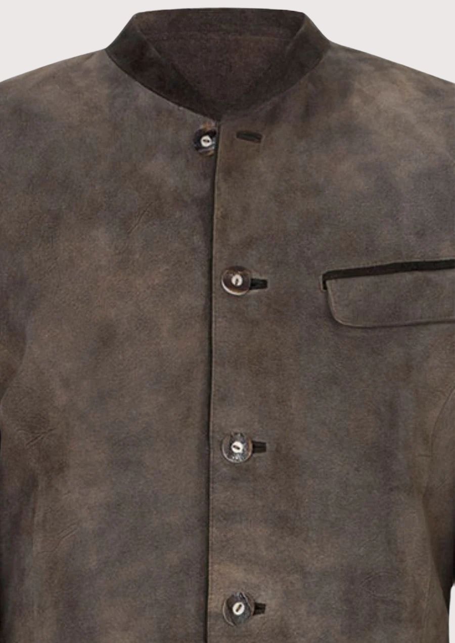 Heritage-style grey leather Trachten jacket showcasing a minimalist front, elegant buttons, and classic German folkwear look.